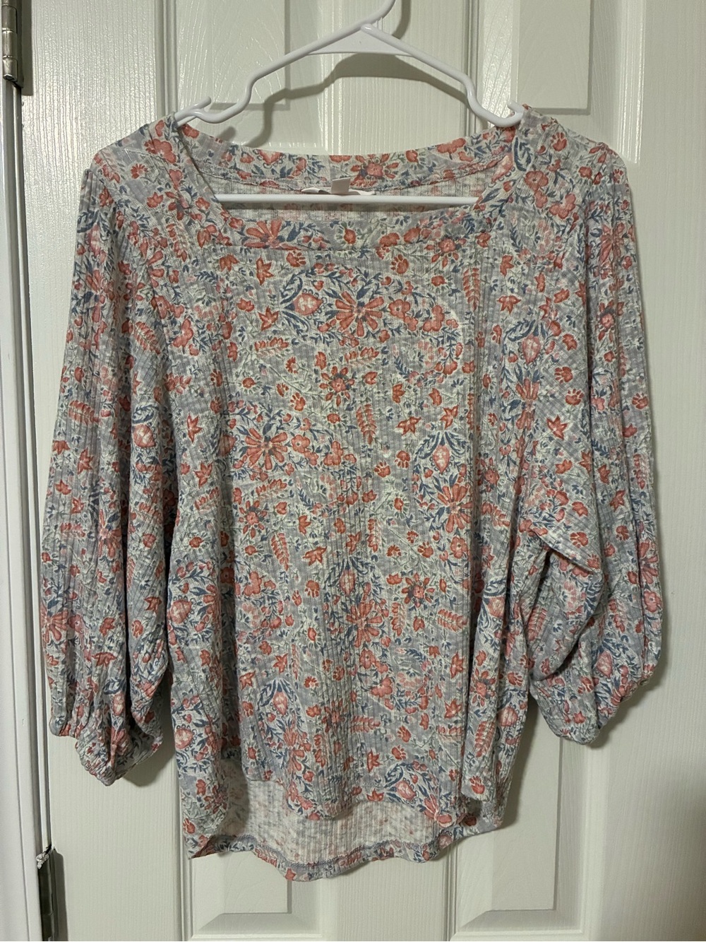 LC Lauren Conrad Coral and Blue Floral Peasant Blouse
